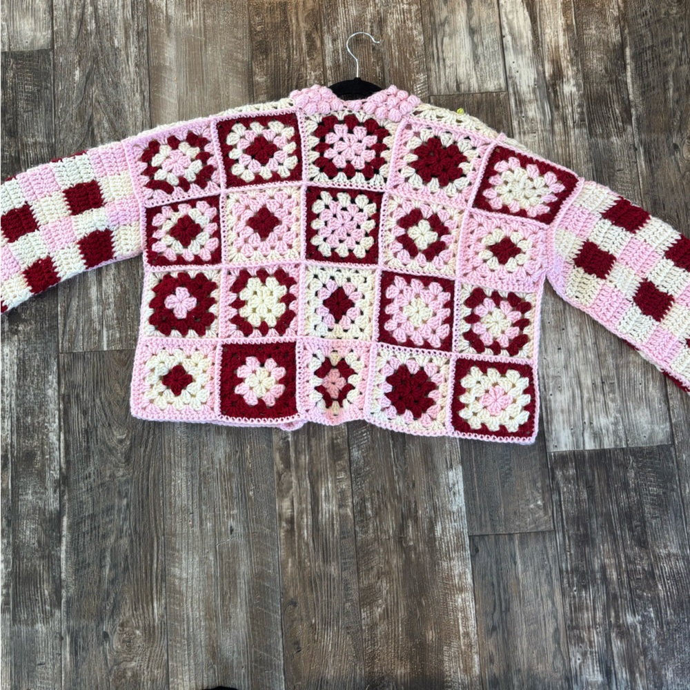 Handmade Crochet Strawberry Picnic Cardigan Checkerboard Pattern - Picture 12 of 12